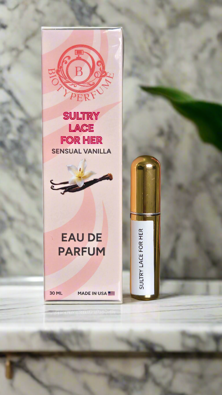 Eau de parfum bottle and packaging with 'Sultry Lace for Her' label on a marble surface.