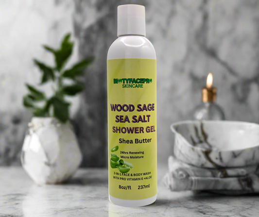 WOOD SAGE & SEA SALT SHOWER GEL- With shea butter for micro moisturizing (8oz/237ml