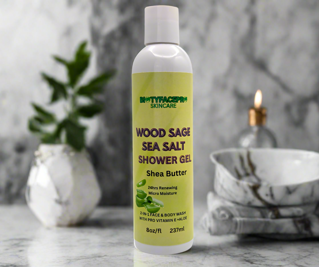 WOOD SAGE & SEA SALT SHOWER GEL-  With shea butter for micro moisturizing (8oz/237ml